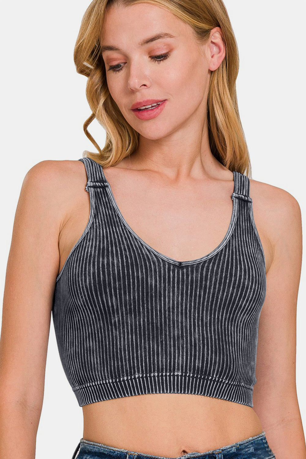 Zenana Washed Ribbed Cropped V-Neck Tank