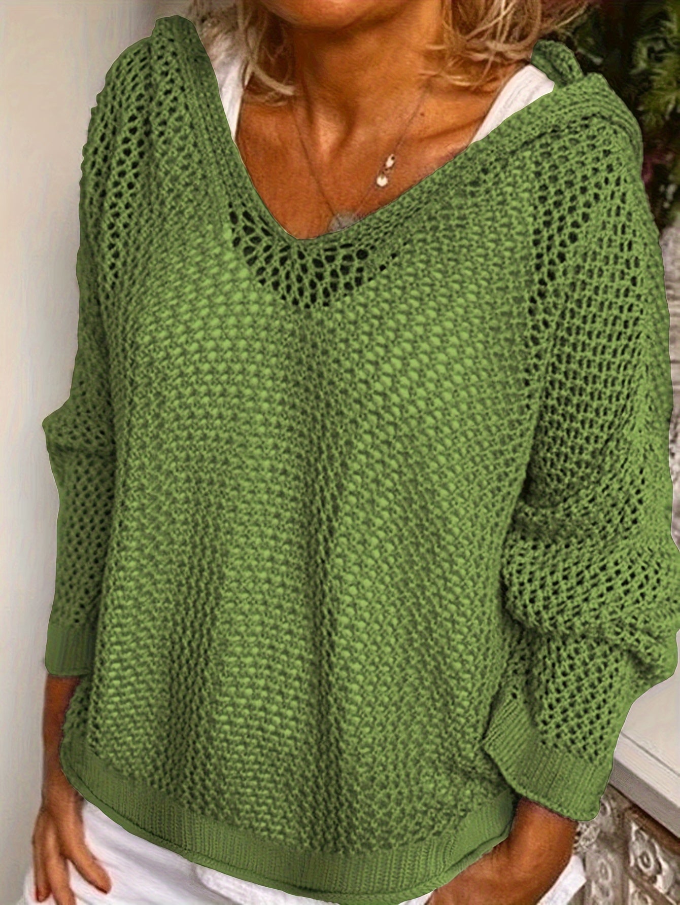 Hooded Pullover Sweater, Casual Long Sleeve Cut Out Knitted Sweater