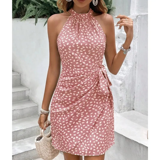 High Neck Sleeveless Floral Pleated Mini Dress