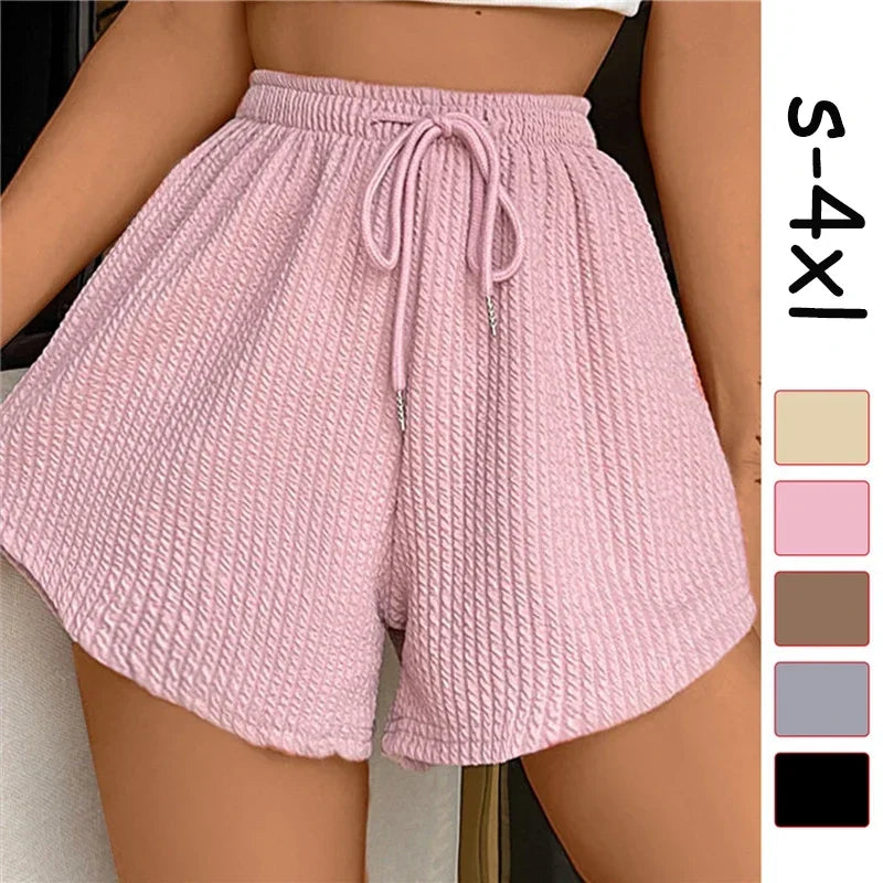 Women Shorts Summer High Elastic Lace Up Drawstring Wide Leg