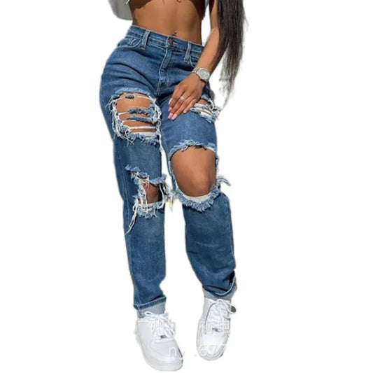 Ripped Straight Jeans Baggy High Waist Mom Boyfriend Denim