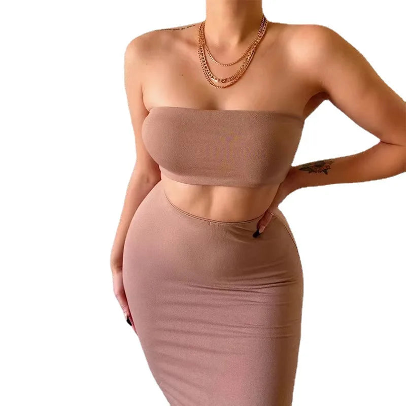 2pcs/set Women Long Skirt Sets Sexy Strapless Tube Top Bodycon