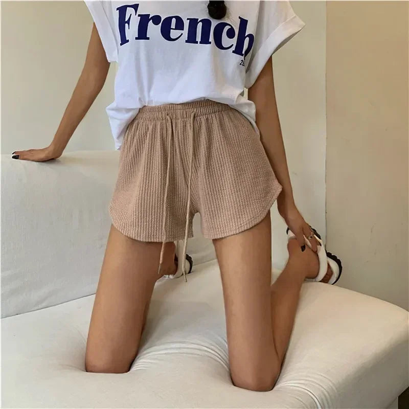 Women Shorts Summer High Elastic Lace Up Drawstring Wide Leg