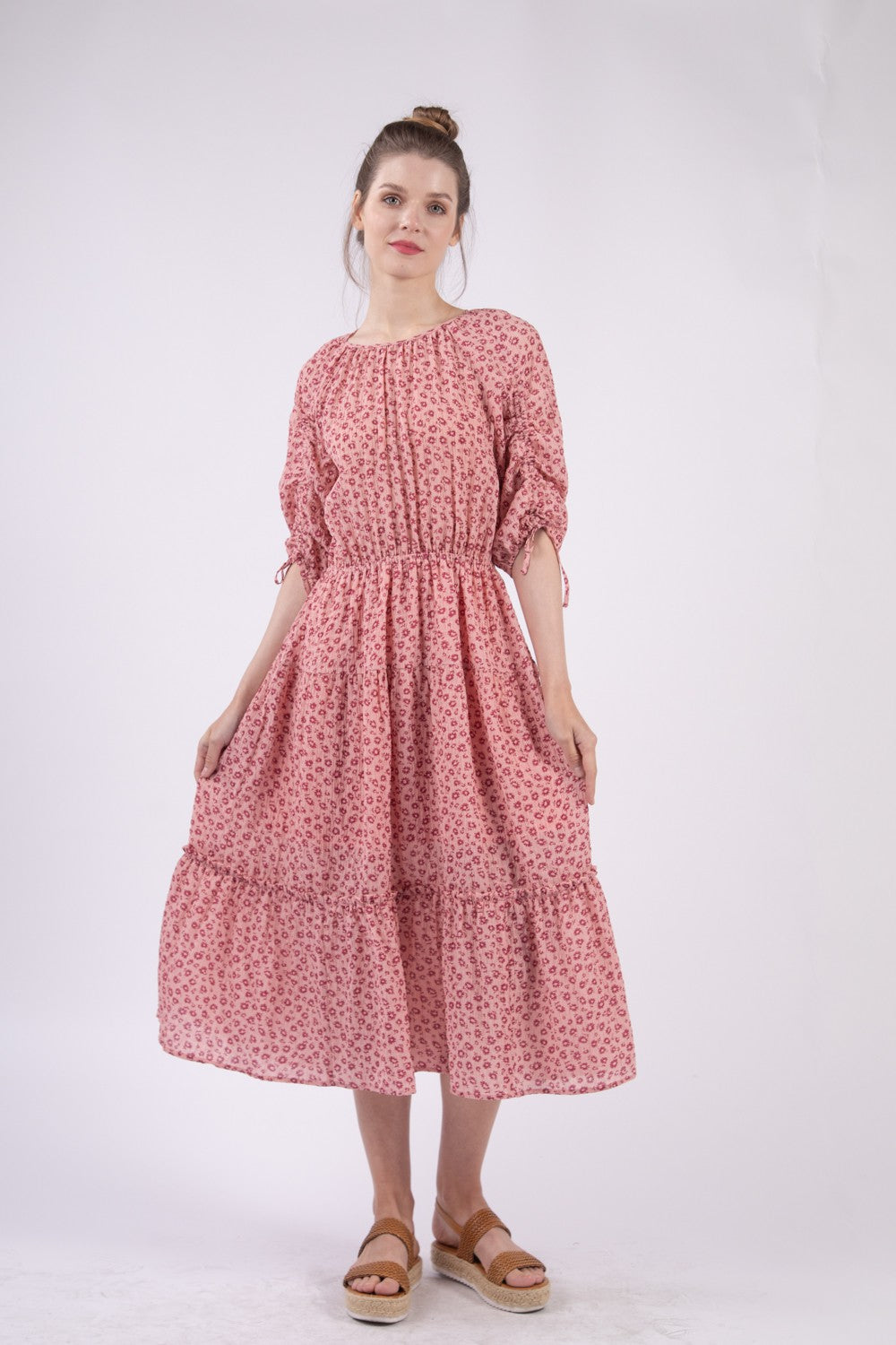 VERY J Floral Round Neck Tiered Midi Dress